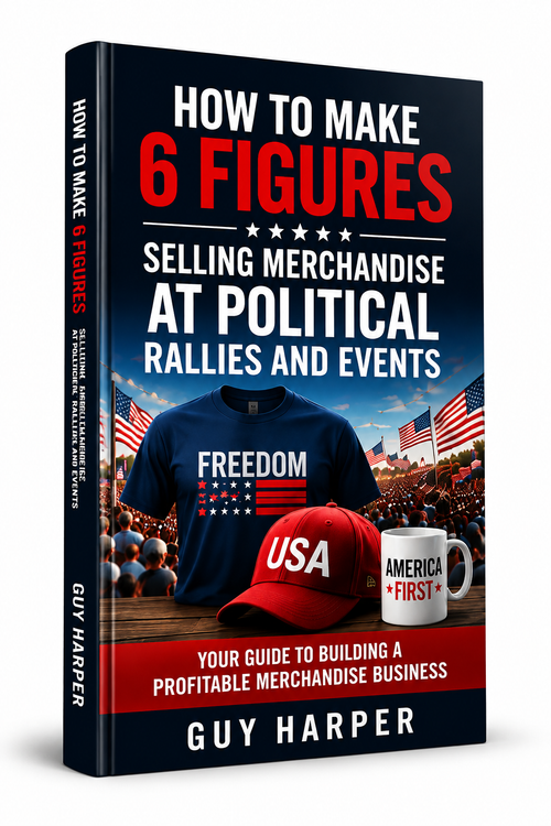 A 3D book cover mockup for "How to Make 6 Figures Selling Merchandise at Political Rallies and Events: Your Guide to Building a Profitable Merchandise Business" by Guy Harper. 