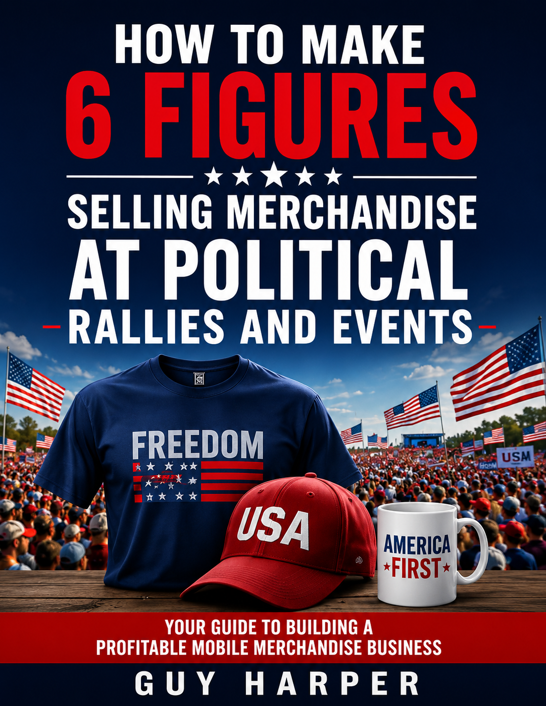 Book cover for 'How to Make 6 Figures Selling Merchandise at Political Rallies and Events' by Guy Harper