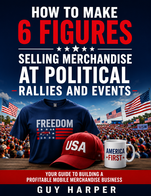 Book cover for 'How to Make 6 Figures Selling Merchandise at Political Rallies and Events' by Guy Harper